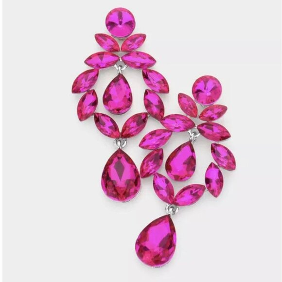 2.6 inch hot pink fuchsia silver earrings crystal rhinestone pierced chandelier - Picture 2 of 4